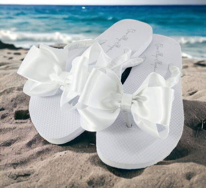 Ivory Satin Bow Flip Flops, Customize Your Colors & Heel Height