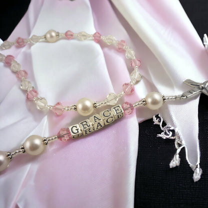 Pink Crystal & Pearl Rosary with Name, Baptism First Communion Gift