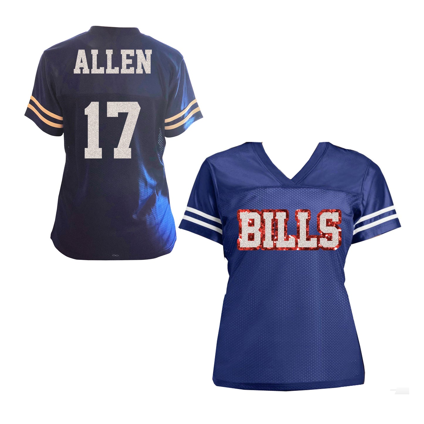 Buffalo Bills Allen Glitter Women's Football Jersey, Royal Blue White Red Bling