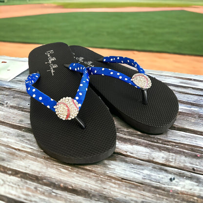 Baseball Rhinestone Flip Flops - Electric Blue Polka Dot - or Customize your color