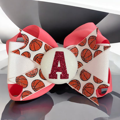 Hot Pink & White Basketball Glitter Initial Sports Hair Bow Clip, Customize Your School Team Colors