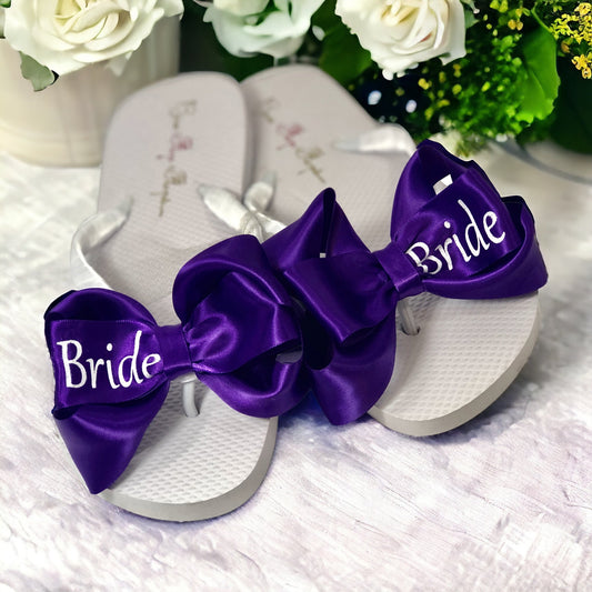Purple & White Glitter Bride Bow Flip Flops - Choose Colors & Heel Height