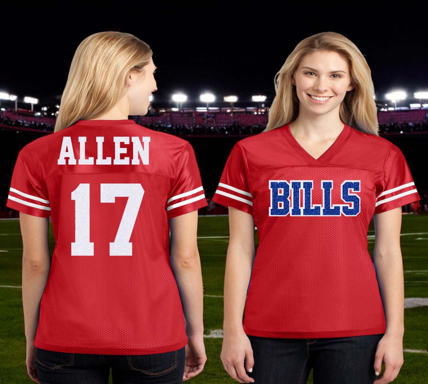 Bills Allen Glitter Women's Football Jersey, Red Royal Blue White Sparkles