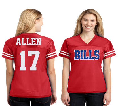 Buffalo Bills Allen Glitter Women's Football Jersey, Royal Blue White Red Bling