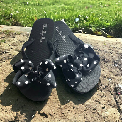 Gray & Black Polka Dot Bow Flip Flops - Choose Your Ribbon Color