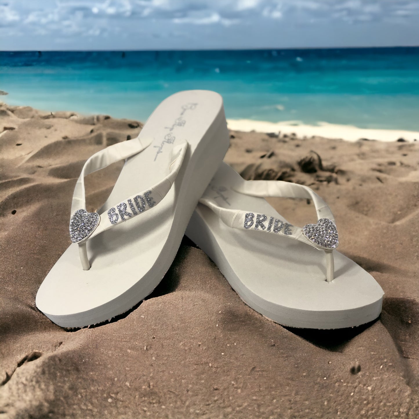 Bridesmaid Glitter Flip Flops with Vintage Flower Rhinestone Embellishment - Customizable