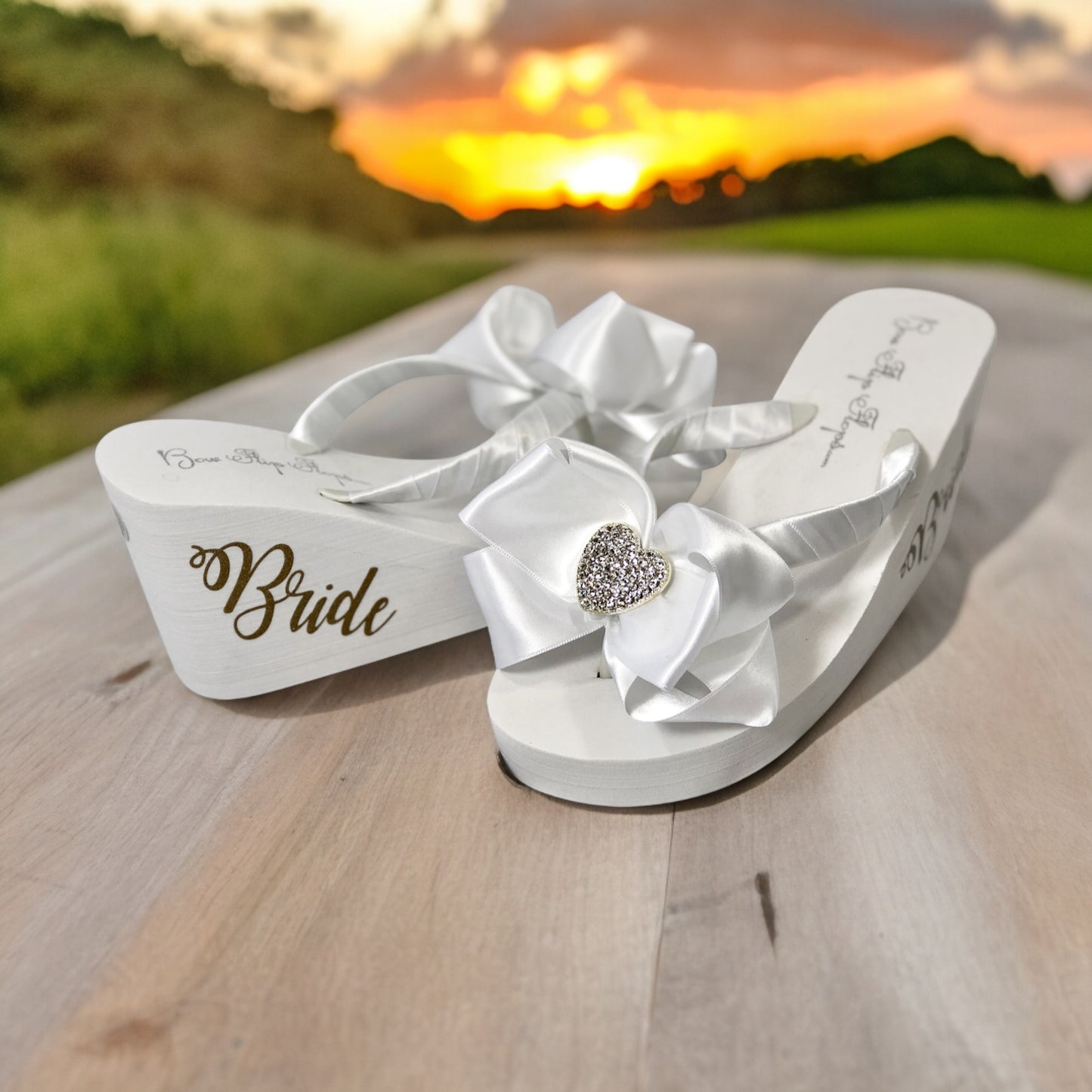 Bride Heart Bow Flip Flops , Choose Colors Heel and Rhinestone Embellishment