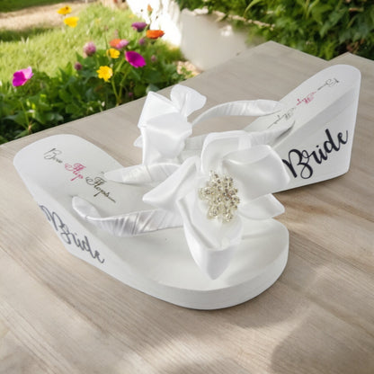Bride Heart Bow Flip Flops , Choose Colors Heel and Rhinestone Embellishment