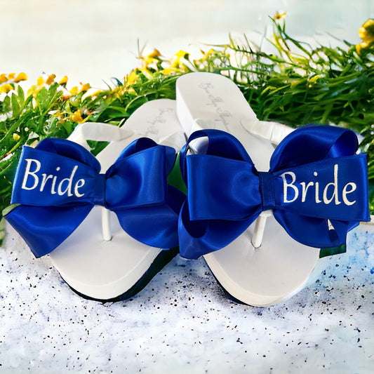 Royal Blue & White Glitter Bride Bow Flip Flops, Flat or Wedge Heel, Customize Colors