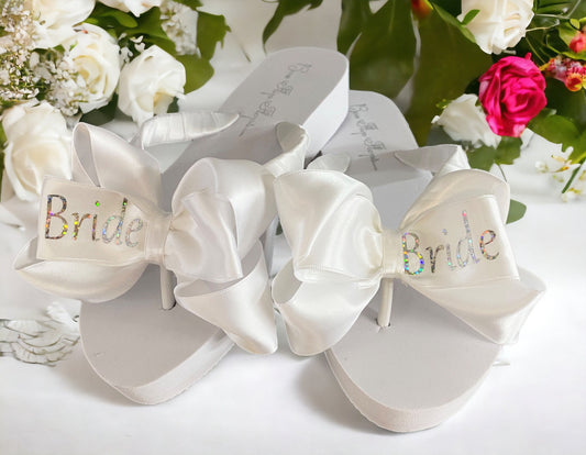 Silver Glittery Bride Bow Flip Flops - Customizable Colors & Heel Height
