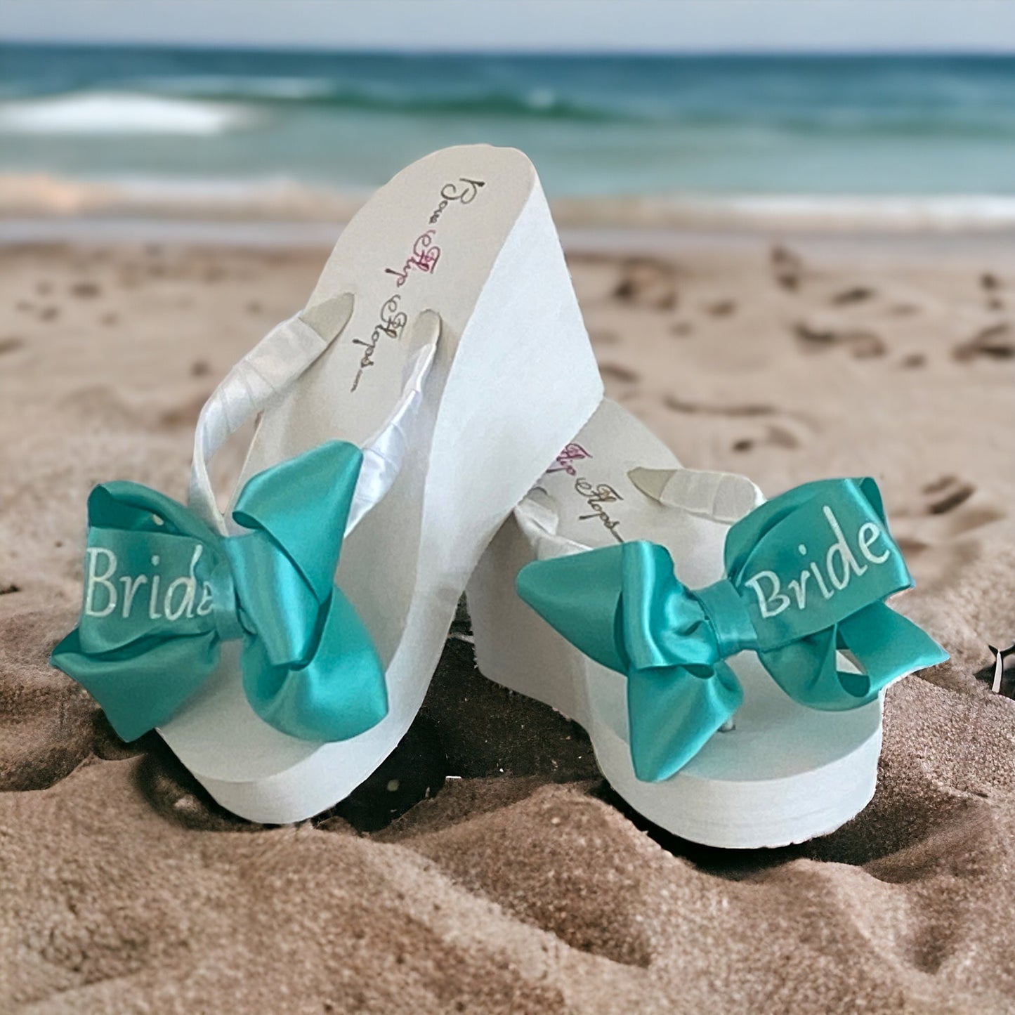 Turquoise Something Blue Glitter Bride Bow Flip Flops, High 3.5 Inch Wedge or Customize Heel & Colors
