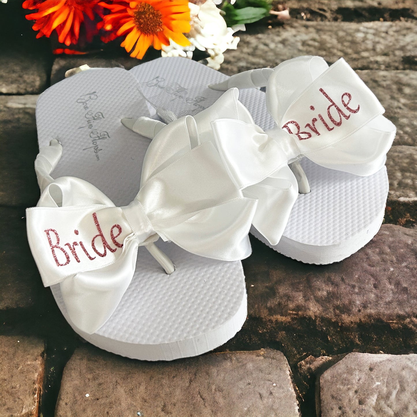 Ivory & Champagne Glitter Bride Bow Flip Flops - Custom Colors & Heel Height