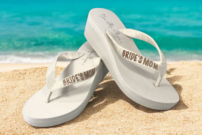 Ivory Gold Bride's Mom Glitter Flip Flops, Choose Heel Height & Wedding or Dress Colors