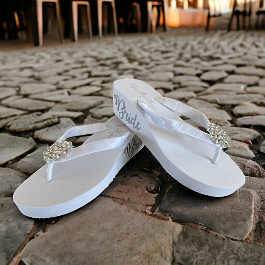 White & Silver Bride Wedge Heel Sandal Flip Flops with Large Jewel Rhinestone Bling