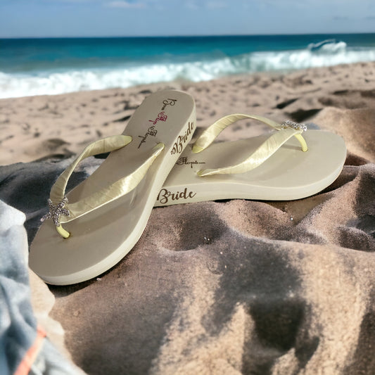 Gold & Ivory Starfish Bride Flip Flops, Beach Destination Wedding Sandals