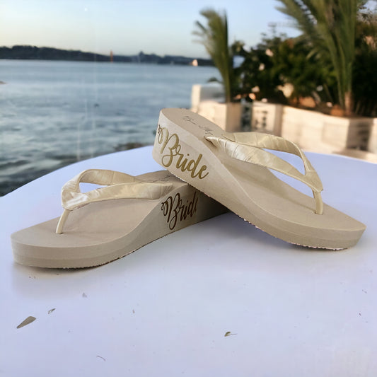 Ivory & Gold Wedge Bride Flip Flop Wedding Sandals