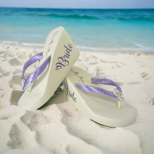 Lavender High Heel Wedge Flip Flops for the Bride with Rhinestone Lace Embellishment