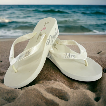 Purple 2 Inch Bride Flip Flops, White Mrs Last Name Satin Straps, Choose Height