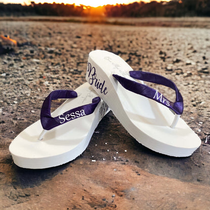 Purple 2 Inch Bride Flip Flops, White Mrs Last Name Satin Straps, Choose Height