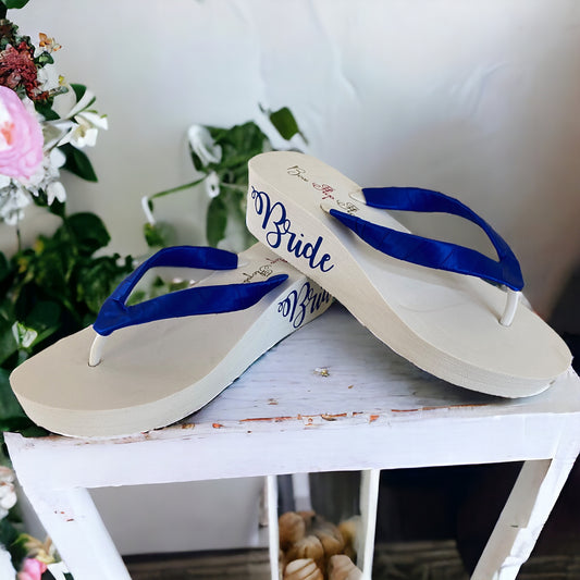 Royal Blue Satin Bride 2 Inch Wedge Flip Flops, Customizable