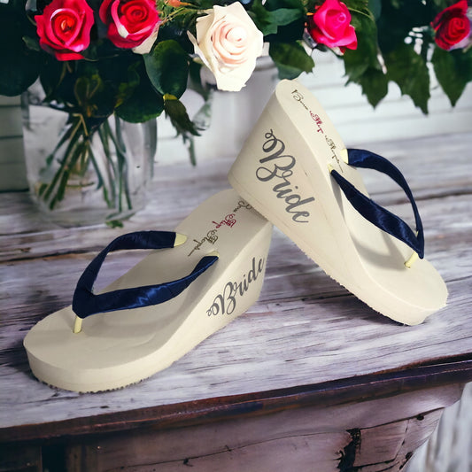 Navy High Wedge Bride Flip Flops, Choose Your Wedding Colors & Heel Height