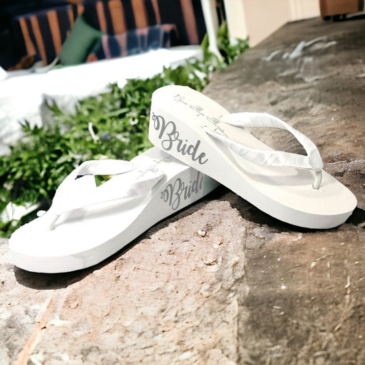 White Wedding Flip Flops with Silvery Bride Lettering on Side of High or Low Wedge