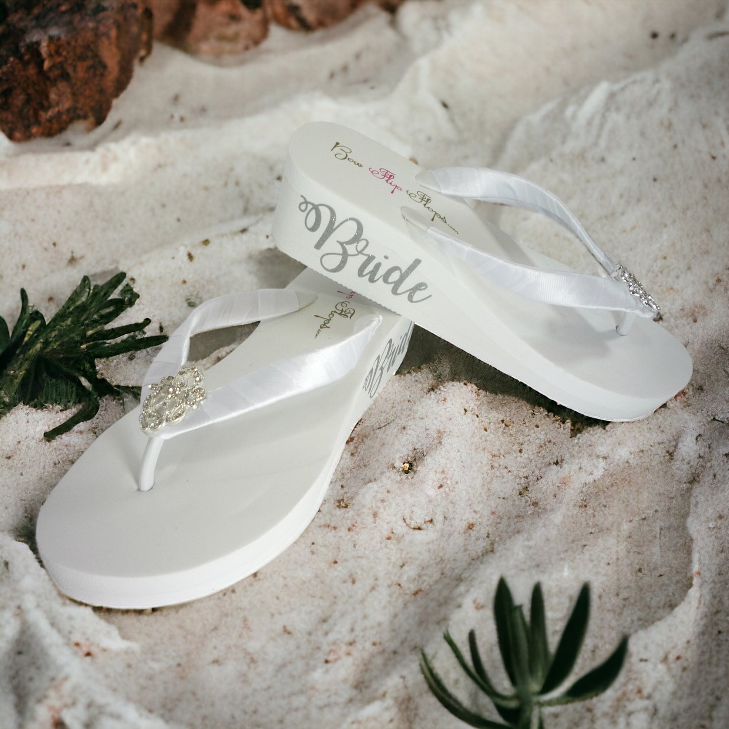 3.5 Inch White or Ivory Bride Wedge Flip Flops with Vintage Lace Rhinestone Centerpiece