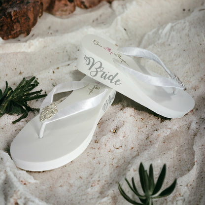 3.5 Inch White or Ivory Bride Wedge Flip Flops with Vintage Lace Rhinestone Centerpiece