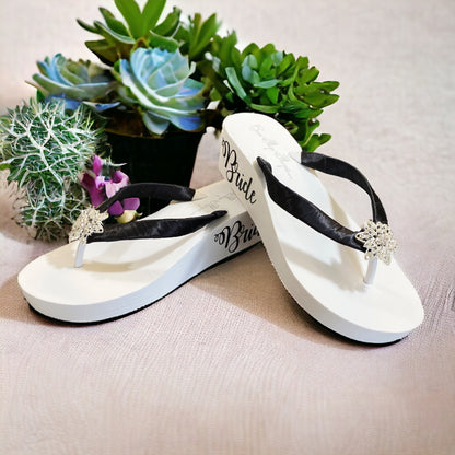3.5 Inch White or Ivory Bride Wedge Flip Flops with Vintage Lace Rhinestone Centerpiece