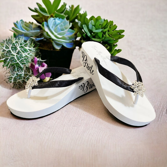 Customized Bride Wedge Flip Flops with Rhinestone Embellishment