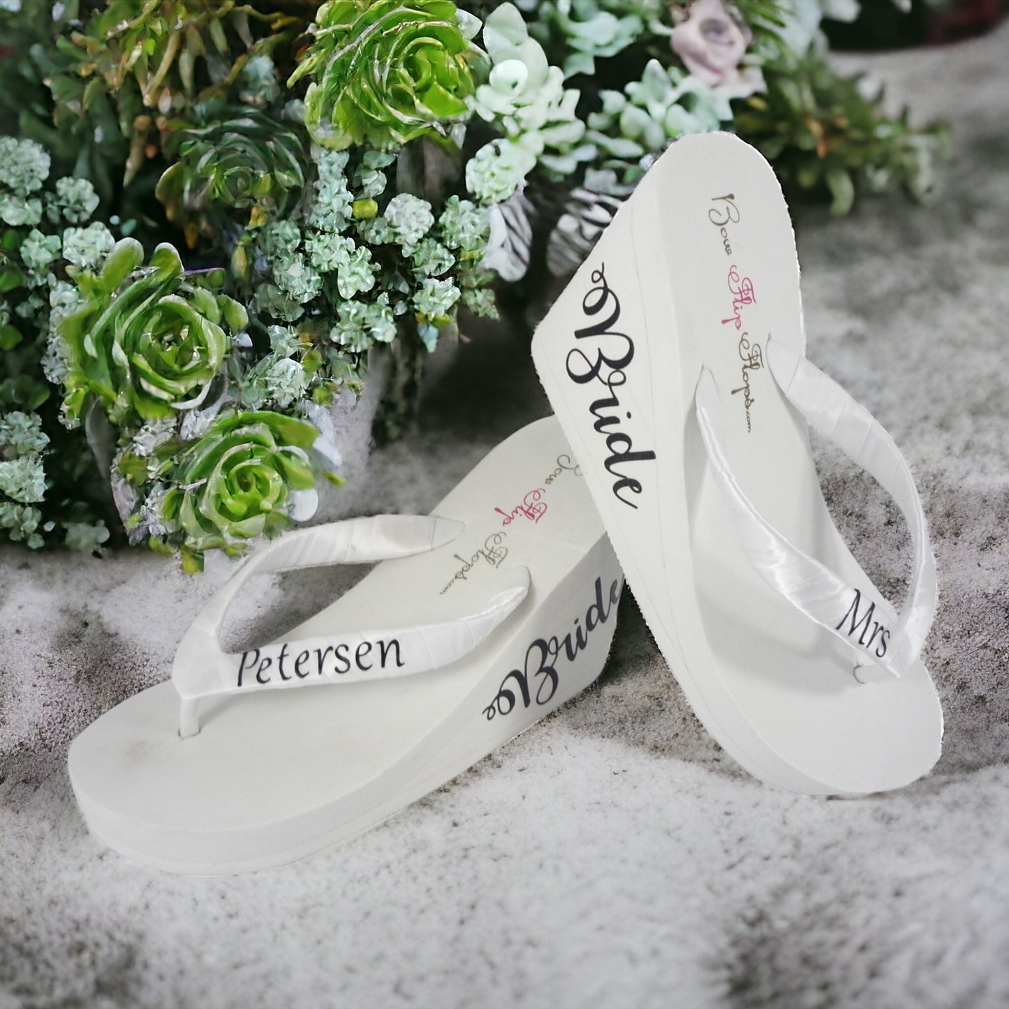 Purple 2 Inch Bride Flip Flops, White Mrs Last Name Satin Straps, Choose Height