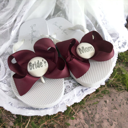 White Bow Groom's Mom Flip Flops with Gray