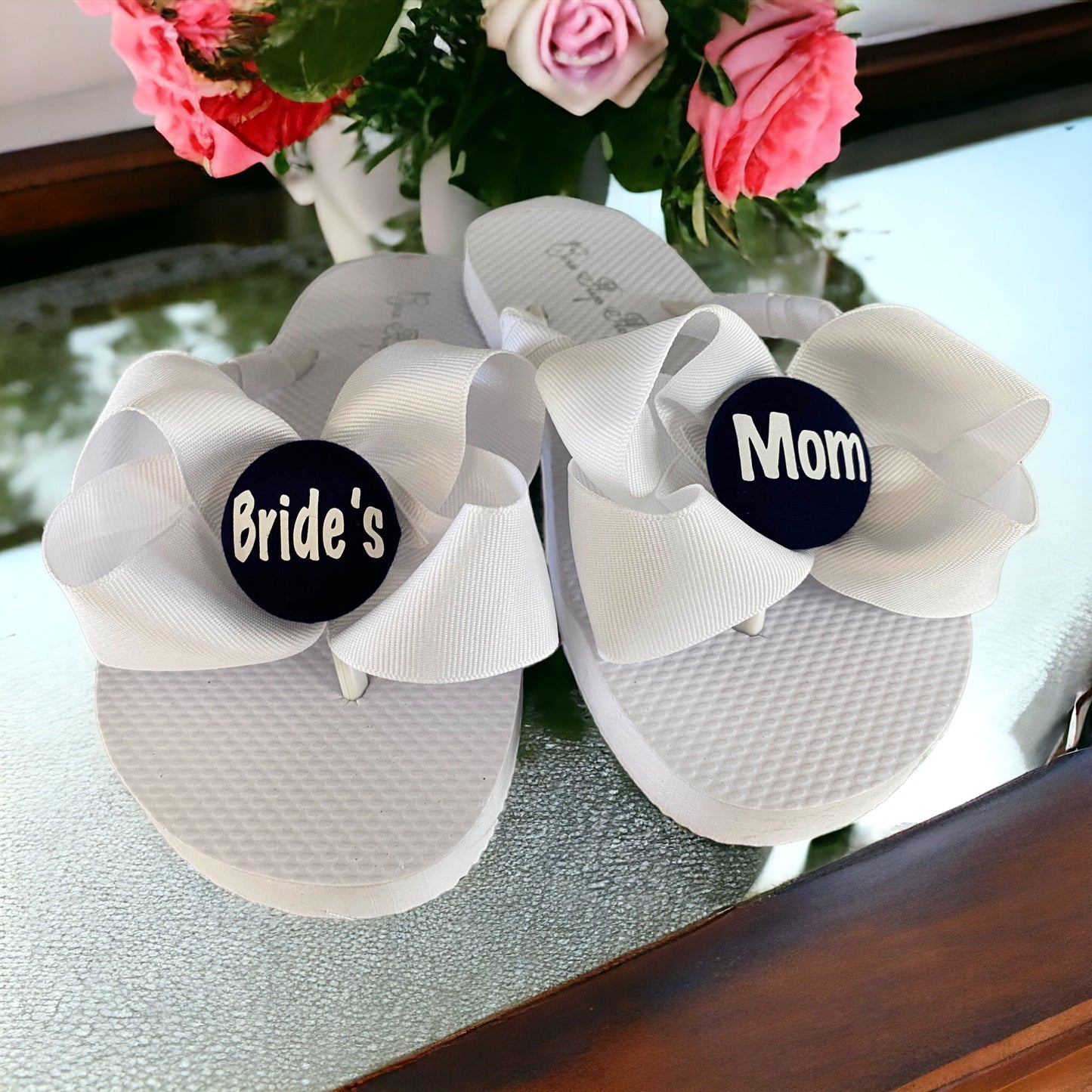 Black & Gold Bride's Mom Bow Flip Flops