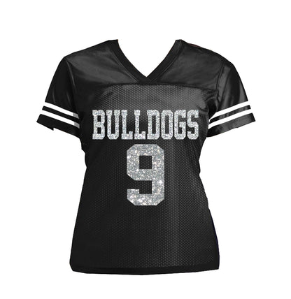 Glitter Football Ladies Jersey with School Team Name & Number, Bulldogs