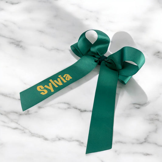 Customizable Hair Bows with Tails, Forest Green & Gold or Choose Colors and Name