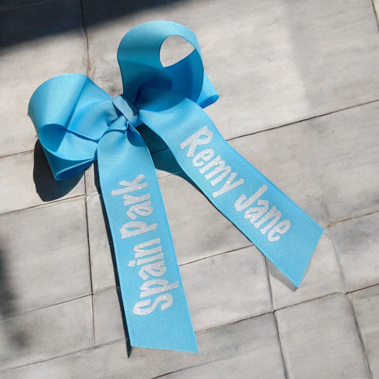 Team School Name Bow, Personalized in Glitter Lettering, Hair Ribbon Choose Your Colors, Light Blue & White