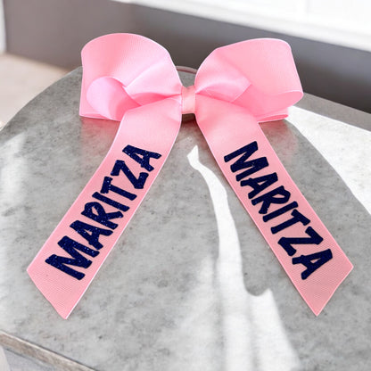 Cheer Hair Bow with Customizable Glitter Name Personalized