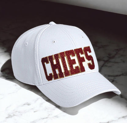 Chiefs Glitter Hat, Women's Cap for Kansas City Football in White Gold Red Bling