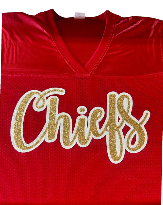 Glittery Chiefs Jersey in Red with Script Gold White Lettering, Kansas City Football