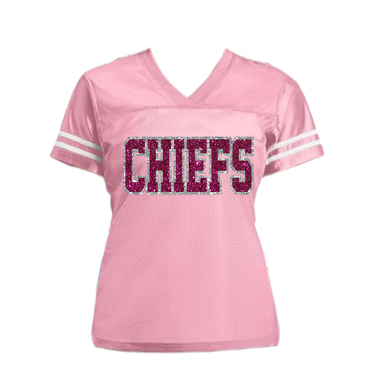 Hot Pink & Silver Glitter on Pink Chiefs Football Jersey for Women