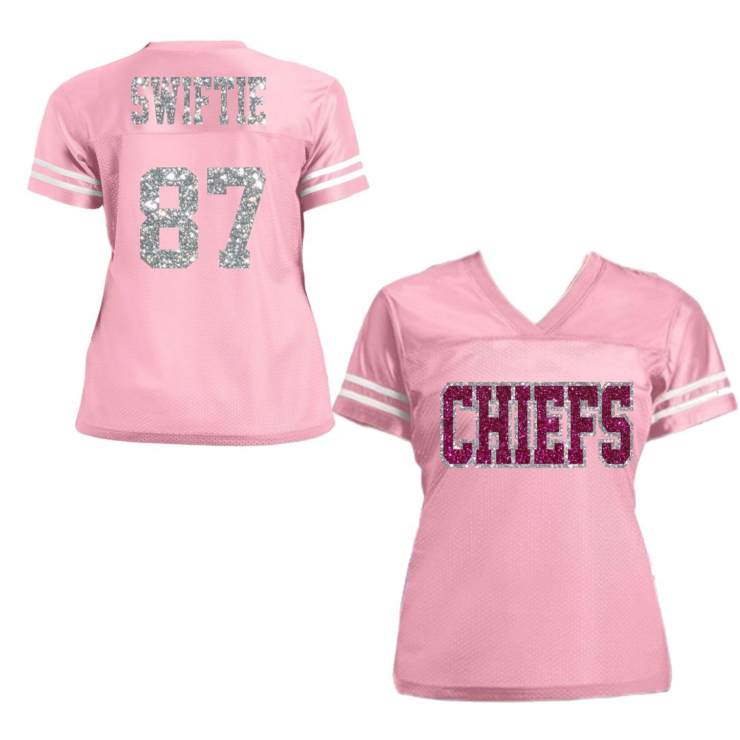 Pink & Silver Chiefs Swiftie Glitter Football Jersey Kelce Taylor