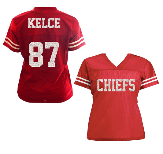 Kelce Glitter Chiefs Jersey with Number on the Back