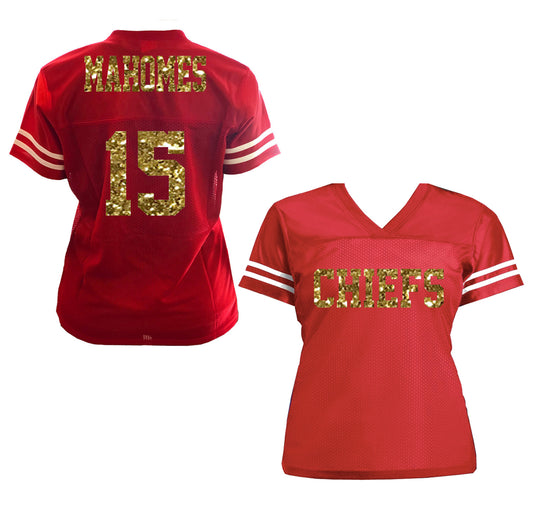 Mahomes Chiefs Jersey with Number on the Back, Red Black or White Bling Shirt