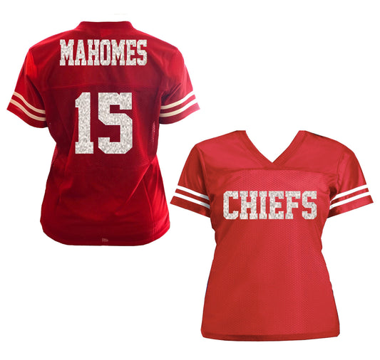 Red and White Glitter Patrick Mahomes Women's Football Jersey Sparkle Shirt