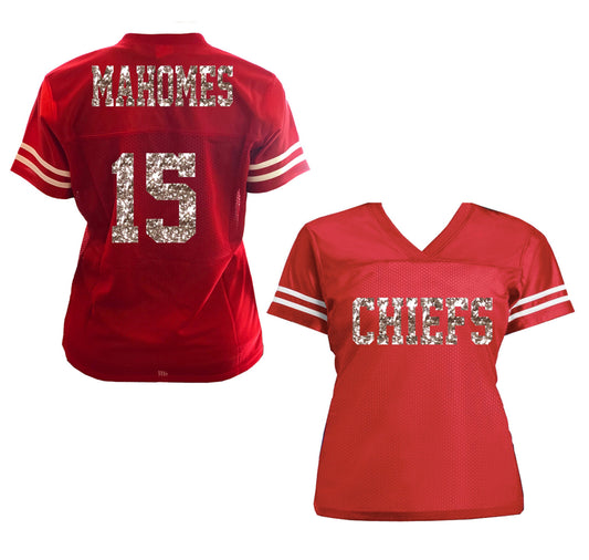 Silver Glitter Patrick Mahomes Red Jersey