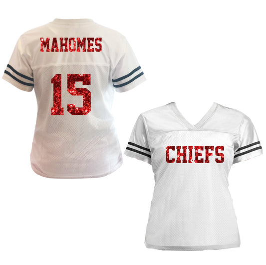 White & Red Glitter Mahomes Chiefs Jersey with Number 15 on the Back