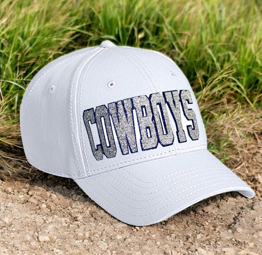 Cowboys Glitter Hat, Women's Cap for Dallas Texas Football, White Blue Silver Adjustable