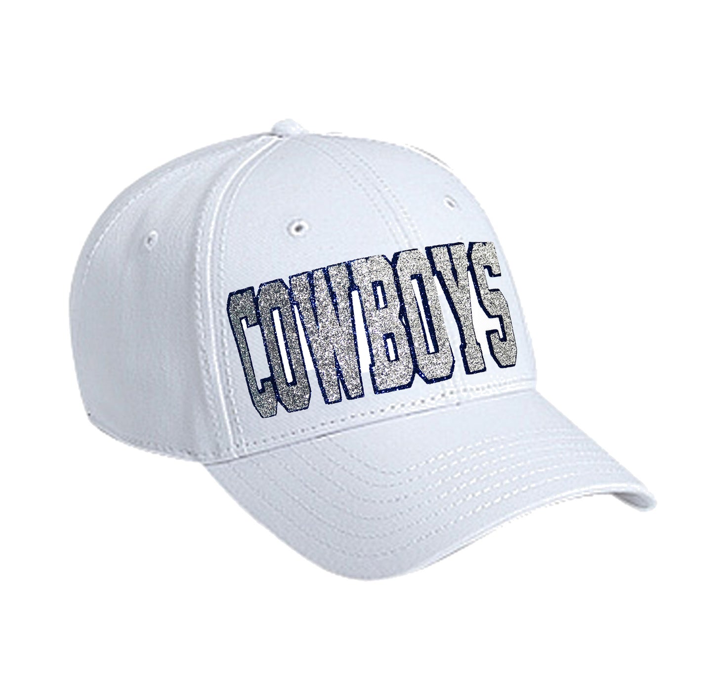 Cowboys Glitter Hat, Women's Cap for Dallas Texas Football, White Blue Silver Adjustable