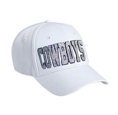 Cowboys Glitter Hat, Women's Cap for Dallas Texas Football, White Blue Silver Adjustable