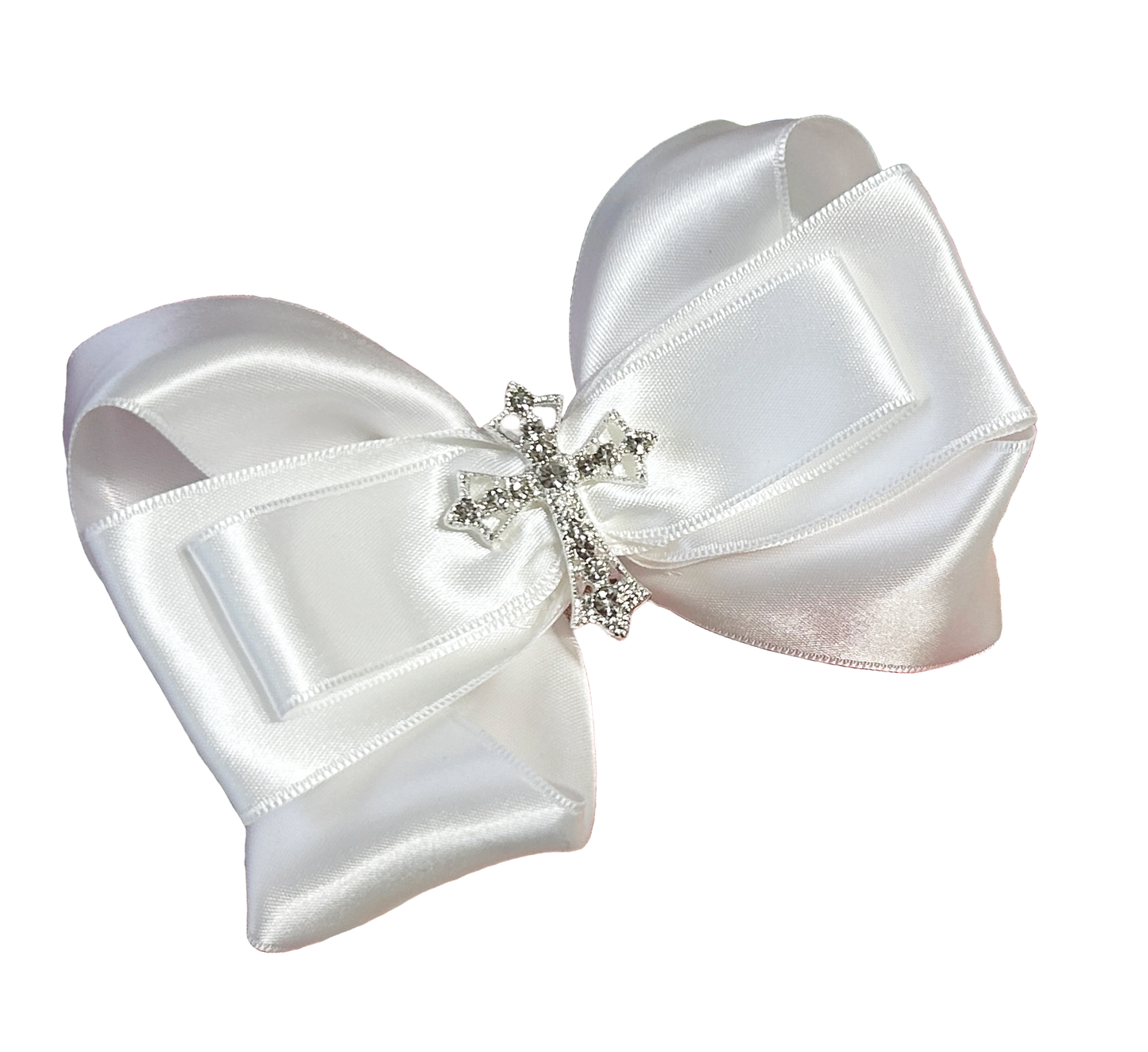 White Cross Rhinestone Hair Bow Clip, Baby or Big Girl, Baptism, Communion